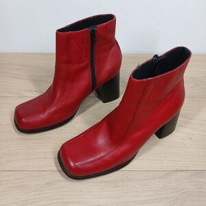 Red Leather Ankle Boots with Block Heel